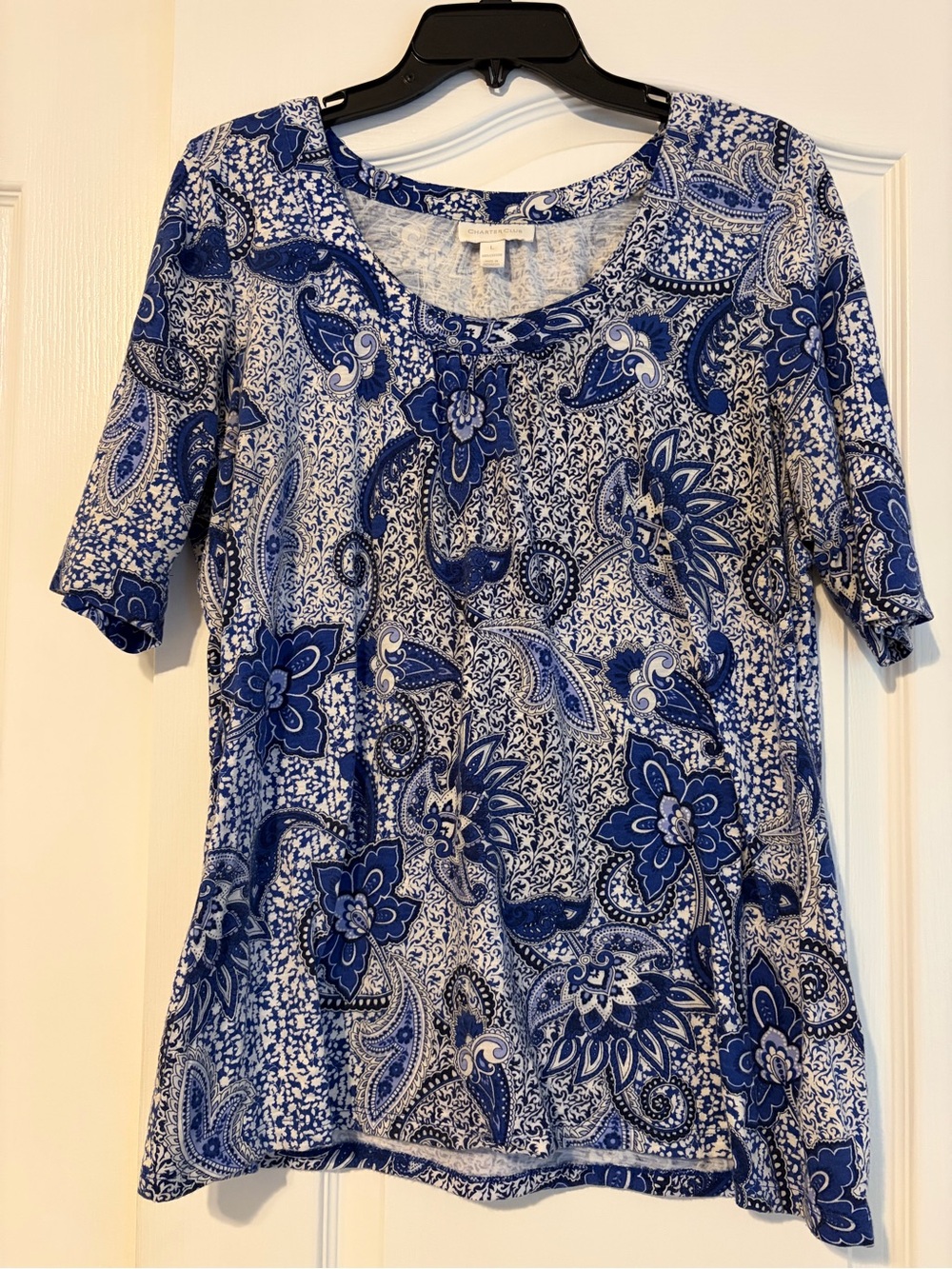 Charter Club Blue & White Paisley Floral Scoop Neck Top